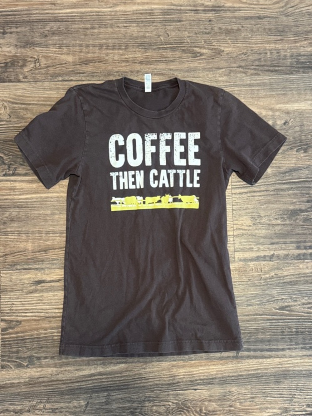 Women’s Coffee Then Cattle Graphic Tee - Brown with White & Yellow Print